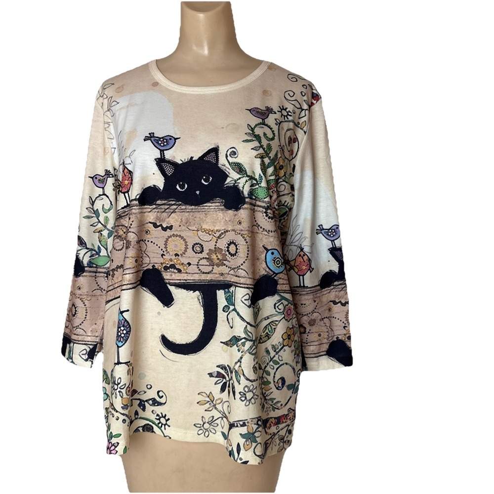 Catalog Favorites Embellished Playful Kitty 3/4 Sleeve Blouse Large Rhinestones